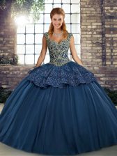Nice Navy Blue Sleeveless Floor Length Beading and Appliques Lace Up Sweet 16 Dress