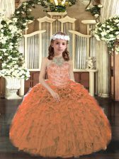 Customized Floor Length Ball Gowns Sleeveless Orange Little Girl Pageant Gowns Lace Up