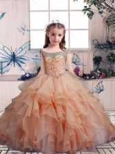 Stylish Ball Gowns Little Girl Pageant Gowns Peach Scoop Organza Sleeveless Floor Length Lace Up