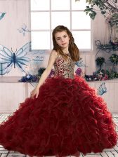  Wine Red Lace Up Child Pageant Dress Beading and Ruffles Sleeveless Floor Length