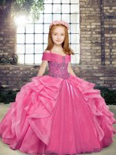  Pink Lace Up Little Girls Pageant Dress Beading and Ruffles Sleeveless Floor Length