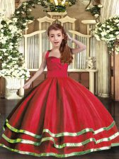  Sleeveless Floor Length Ruffled Layers and Ruching Lace Up Kids Formal Wear with Red