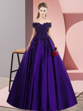 Fitting A-line 15th Birthday Dress Purple Off The Shoulder Satin Sleeveless Floor Length Zipper