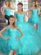  Sleeveless Organza Floor Length Lace Up Quince Ball Gowns in Aqua Blue with Beading and Ruffles