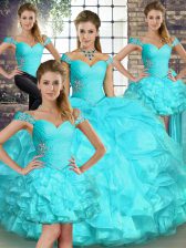 Superior Off The Shoulder Sleeveless Lace Up 15th Birthday Dress Aqua Blue Organza