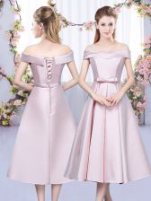  Off The Shoulder Sleeveless Dama Dress for Quinceanera Tea Length Bowknot Baby Pink Satin
