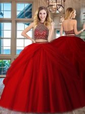  Red Sleeveless Tulle Backless Sweet 16 Dress for Sweet 16 and Quinceanera