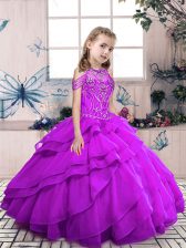  Purple Organza Lace Up Winning Pageant Gowns Sleeveless Floor Length Beading and Ruffled Layers