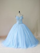  Sleeveless Tulle Brush Train Lace Up 15 Quinceanera Dress in Light Blue with Beading