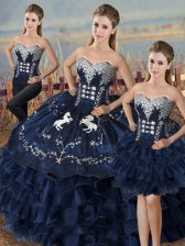 Custom Made Navy Blue Satin and Organza Lace Up Quinceanera Gowns Sleeveless High Low Embroidery and Ruffles