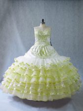  Floor Length Yellow Green Quinceanera Dress Organza Sleeveless Embroidery and Ruffled Layers