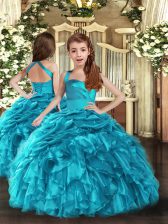  Baby Blue Ball Gowns Straps Sleeveless Organza Floor Length Lace Up Ruffles and Ruching Little Girls Pageant Dress