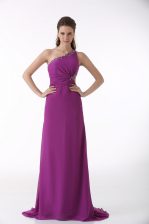 Modest Sleeveless Beading and Ruching Backless Prom Gown with Fuchsia Brush Train