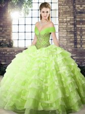 Elegant Yellow Green Off The Shoulder Neckline Beading and Ruffled Layers 15 Quinceanera Dress Sleeveless Lace Up