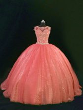  Scoop Sleeveless Tulle Ball Gown Prom Dress Beading and Lace Lace Up