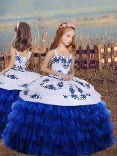 Fantastic Royal Blue Ball Gowns Straps Sleeveless Organza Floor Length Lace Up Embroidery and Ruffled Layers Girls Pageant Dresses