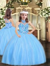  Baby Blue Ball Gowns Tulle Halter Top Sleeveless Appliques Floor Length Lace Up Pageant Gowns