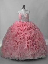 Extravagant Pink Ball Gowns Fabric With Rolling Flowers Sweetheart Sleeveless Beading Lace Up Vestidos de Quinceanera Brush Train