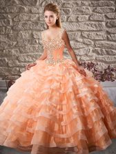 Elegant Beading and Ruffled Layers Quinceanera Dresses Orange Lace Up Sleeveless Court Train