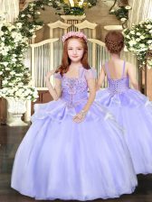  Lavender Lace Up Straps Beading Child Pageant Dress Organza Sleeveless
