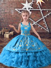 Latest Baby Blue Ball Gowns Satin and Organza Straps Sleeveless Embroidery and Ruffled Layers Floor Length Lace Up Kids Formal Wear