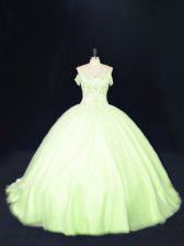  Sleeveless Tulle Court Train Lace Up Sweet 16 Dress in Yellow Green with Beading