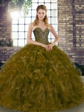 Edgy Brown Lace Up Quinceanera Gown Beading and Ruffles Sleeveless Floor Length