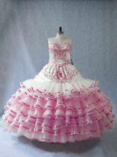 Pink And White Sleeveless Floor Length Embroidery and Ruffled Layers and Bowknot Lace Up 15 Quinceanera Dress
