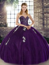  Sleeveless Floor Length Beading and Appliques Lace Up Sweet 16 Quinceanera Dress with Purple