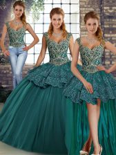  Green Tulle Lace Up Quinceanera Dress Sleeveless Floor Length Beading and Appliques