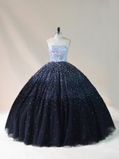 Custom Designed Black Tulle Lace Up Strapless Sleeveless Floor Length Quinceanera Gowns Beading