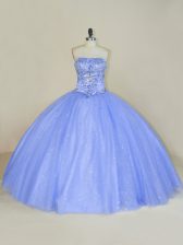 Deluxe Strapless Sleeveless Lace Up Quinceanera Dresses Lavender Tulle