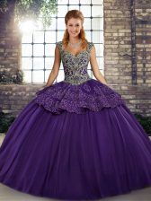  Purple Ball Gowns Beading and Appliques 15 Quinceanera Dress Lace Up Tulle Sleeveless Floor Length