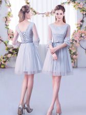 Decent Grey Half Sleeves Tulle Lace Up Dama Dress for Quinceanera for Wedding Party