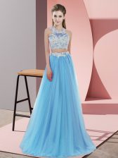 Latest Sleeveless Floor Length Lace Zipper Dama Dress with Baby Blue