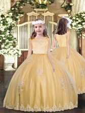  Scoop Sleeveless Little Girls Pageant Dress Floor Length Appliques Gold Tulle