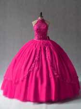 Fitting Appliques Sweet 16 Dresses Fuchsia Lace Up Sleeveless Floor Length