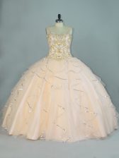 Elegant Tulle Straps Sleeveless Lace Up Beading and Ruffles Ball Gown Prom Dress in Champagne