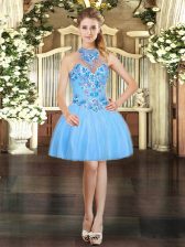  Aqua Blue Homecoming Dress Prom and Party with Embroidery Halter Top Sleeveless Lace Up