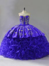 Delicate Sleeveless Fabric With Rolling Flowers Floor Length Brush Train Lace Up Quinceanera Dresses in Purple with Embroidery and Ruffles