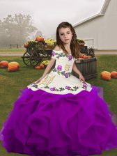  Purple Straps Neckline Embroidery and Ruffles Pageant Gowns For Girls Sleeveless Lace Up