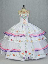  White Scoop Lace Up Embroidery and Ruffled Layers 15 Quinceanera Dress Sleeveless