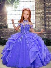 Gorgeous Sleeveless Organza Floor Length Lace Up Kids Formal Wear in Blue with Beading and Ruffles