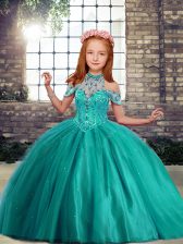 Fashionable Turquoise Lace Up Child Pageant Dress Beading Sleeveless Floor Length