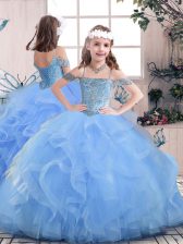 Most Popular Blue Tulle Lace Up Little Girls Pageant Dress Sleeveless Floor Length Beading