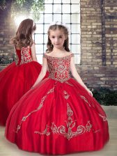  Red Ball Gowns Beading Kids Pageant Dress Lace Up Tulle Sleeveless Floor Length