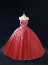  Red Sleeveless Beading Lace Up Quinceanera Gown