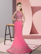 Low Price High-neck Sleeveless Sweep Train Zipper Homecoming Dress Rose Pink Satin