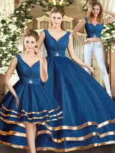  Sleeveless Floor Length Beading and Ruffled Layers Backless Ball Gown Prom Dress with Navy Blue