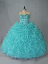 Glamorous Aqua Blue Ball Gowns Beading and Ruffles Quinceanera Gown Lace Up Organza Sleeveless